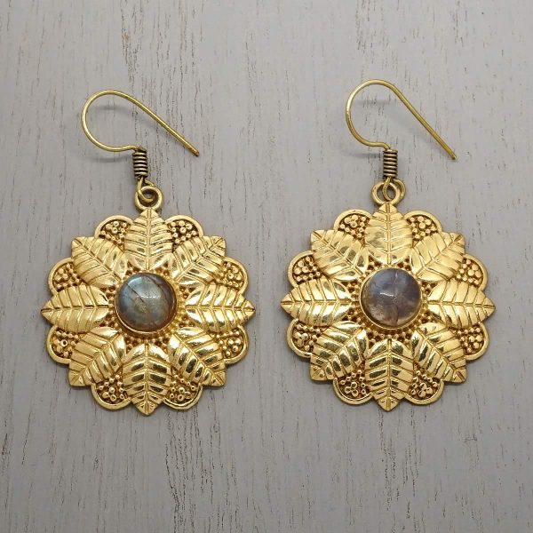 labradorite earrings brass leaf mandala
