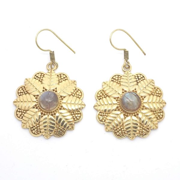 labradorite earrings brass leaf mandala