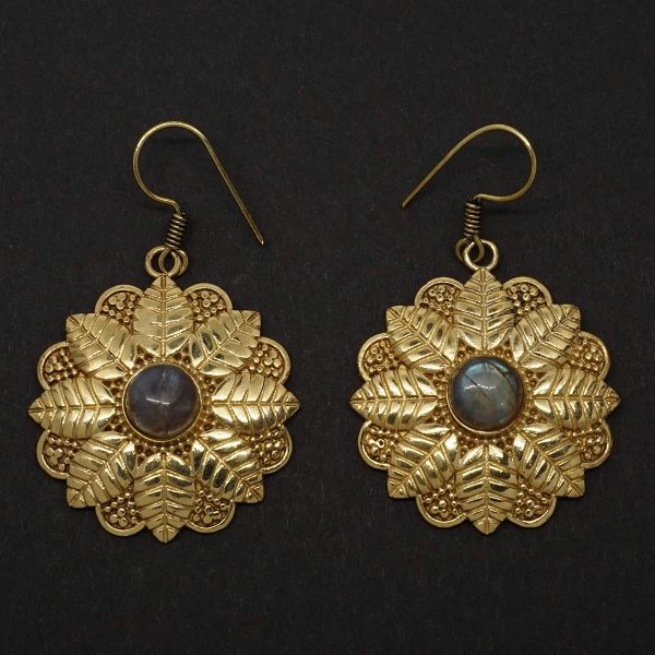 labradorite earrings brass leaf mandala