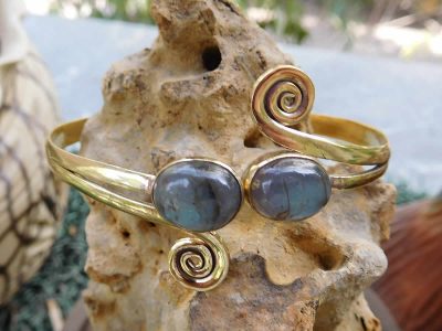 Labradorite Twin Stone Spirals Bangle Blue by Avashy